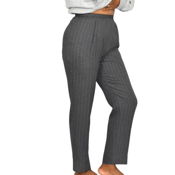 Vintage High Waisted Trousers Grey Striped Dress Pants Tapered Pleated 4 Petite - Picture 6 of 16